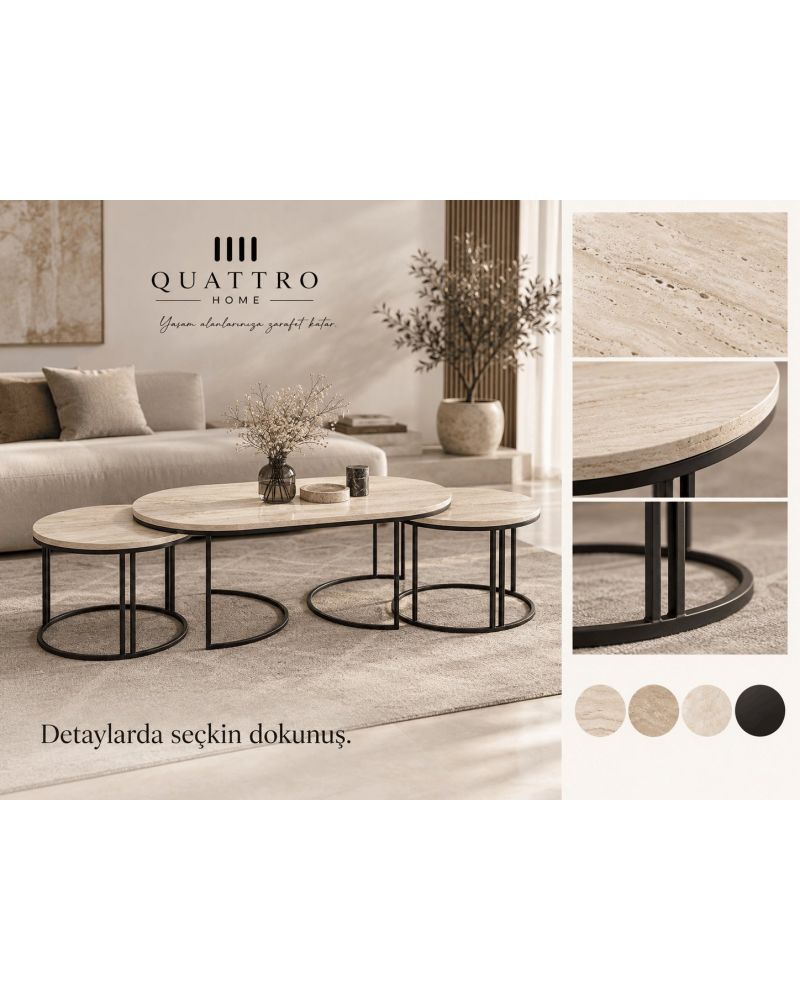 Bej 3'lü Oval Sehpa Seti