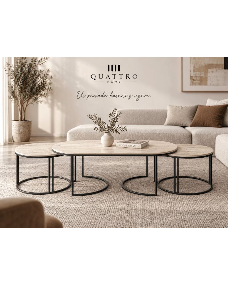 Bej 3'lü Oval Sehpa Seti