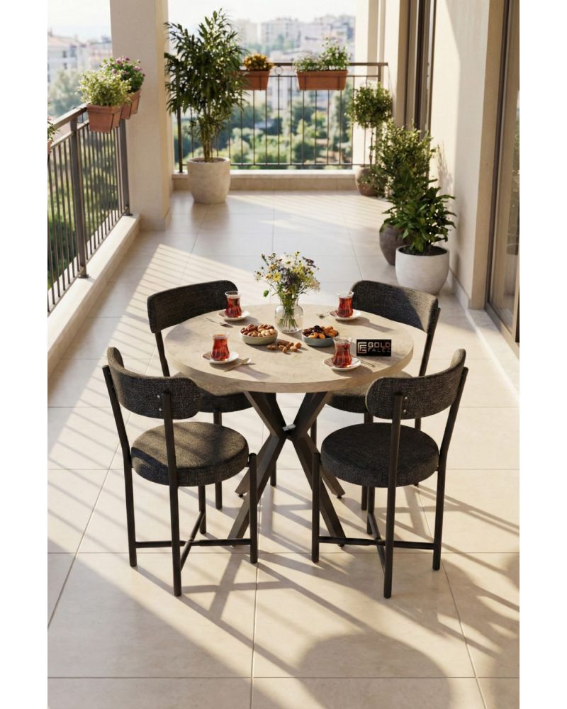 Bej Yuvarlak Masa ve 4 Adet Antrasit Keten Sandalyeli Yemek Masası Takımı