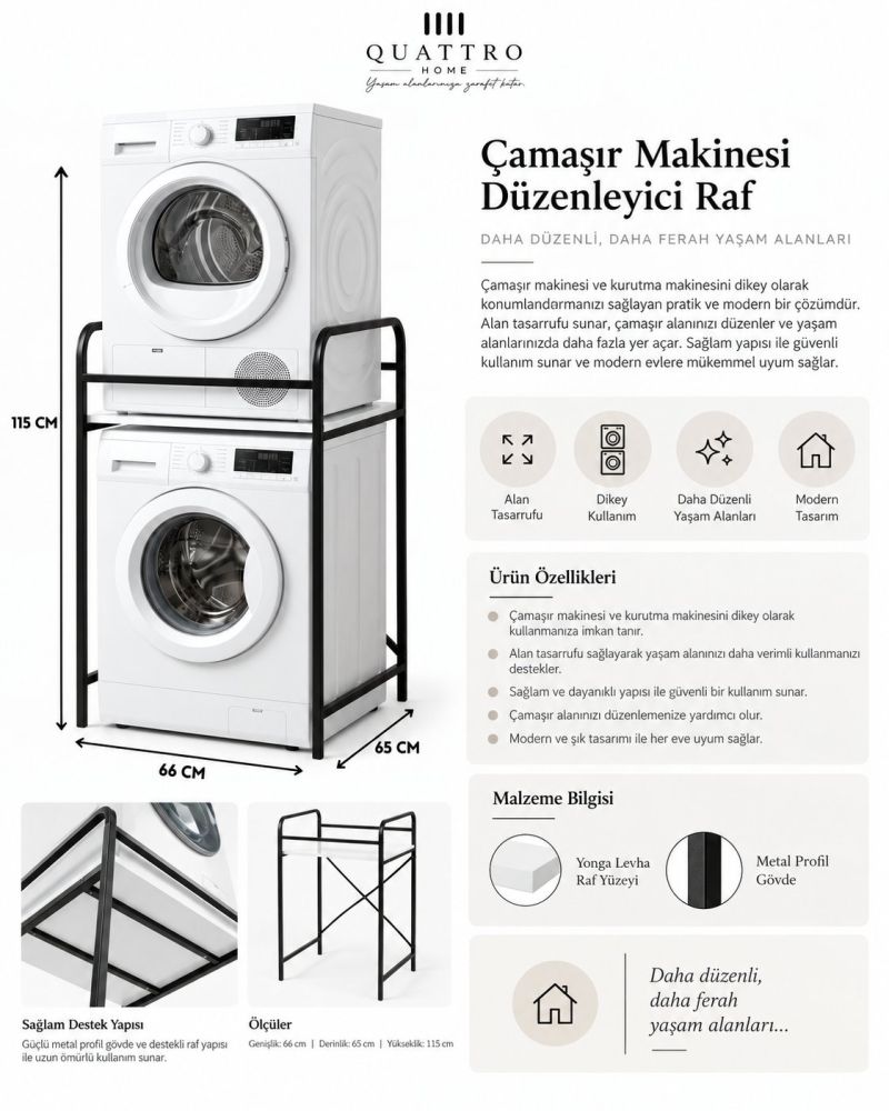 Metal Siyah Çamaşır Makinesi Üstü Raf Ünitesi 66 cm