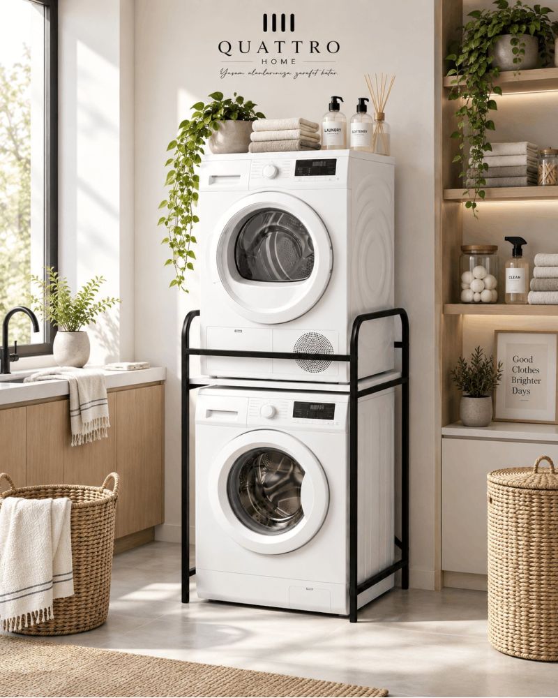 Metal Siyah Çamaşır Makinesi Üstü Raf Ünitesi 66 cm