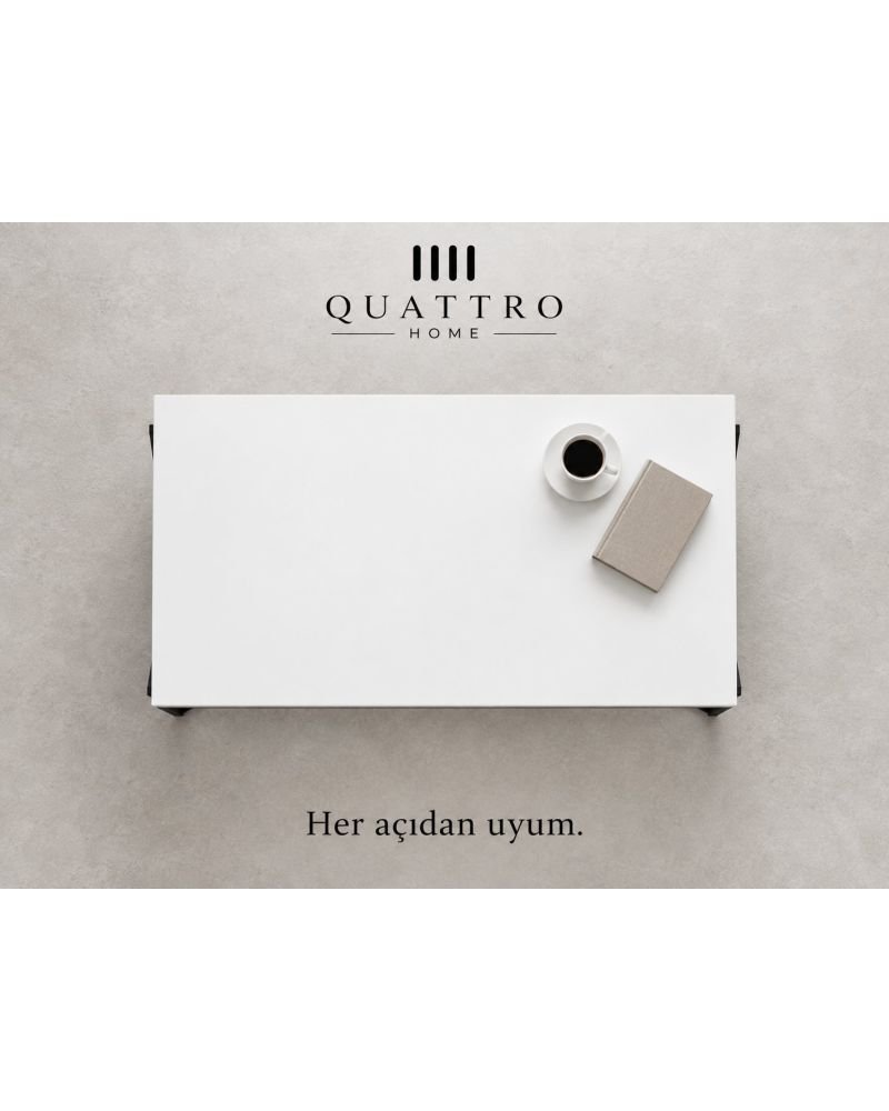 Beyaz Dikdörtgen Orta Sehpa Siyah Metal Ayaklı