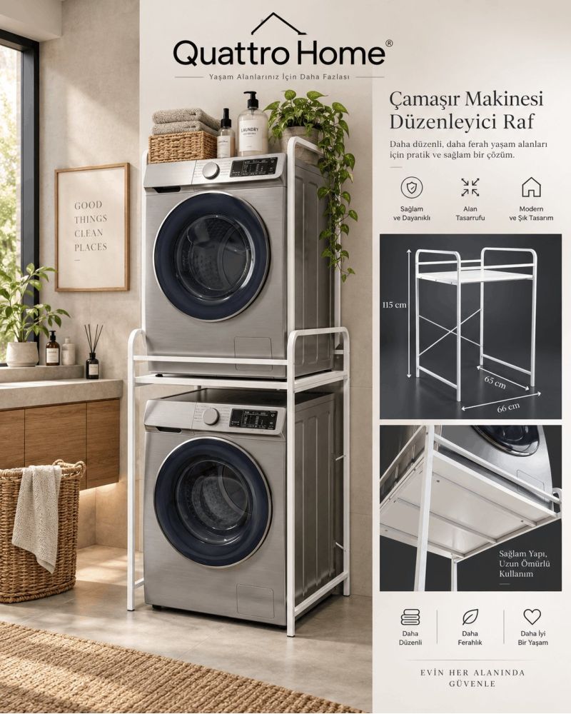 Metal Çamaşır Makinesi Üstü Raf Ünitesi - Beyaz 66 cm