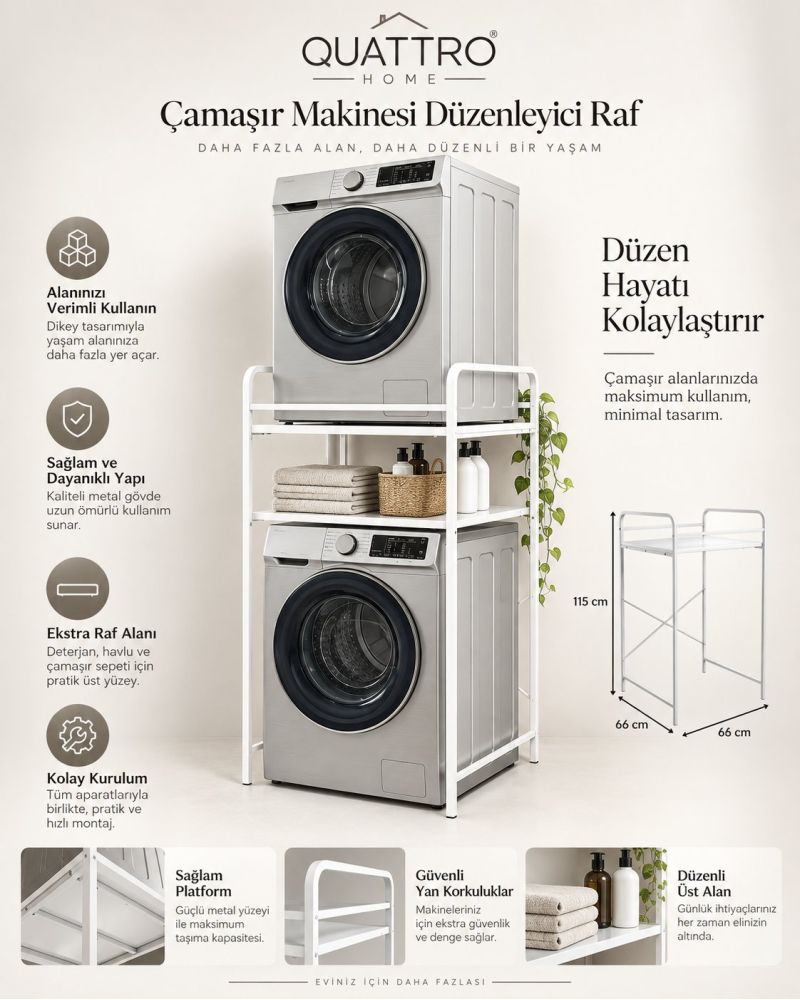 Metal Çamaşır Makinesi Üstü Raf Ünitesi - Beyaz 66 cm