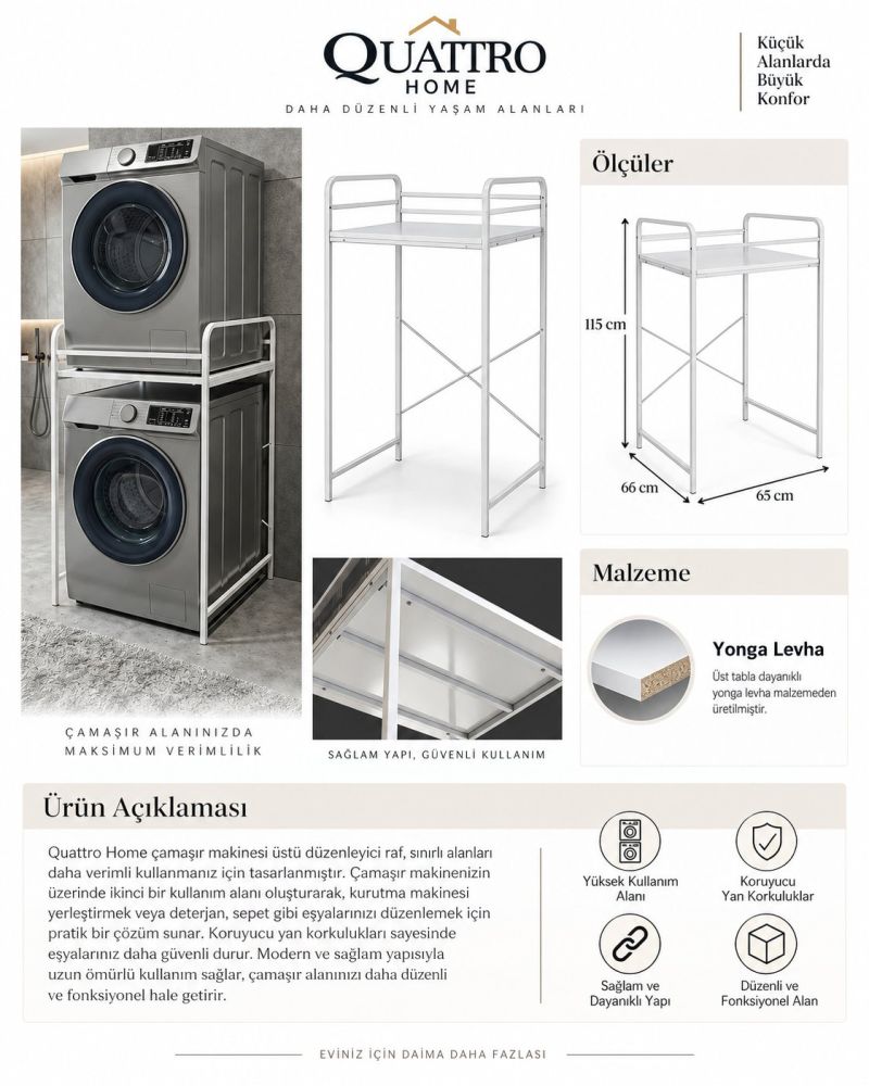 Metal Çamaşır Makinesi Üstü Raf Ünitesi - Beyaz 66 cm
