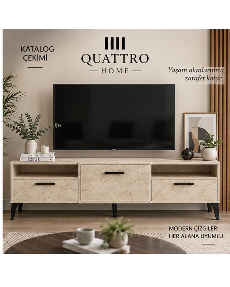 Ekru Traverten Desenli Suntalam TV Sehpası 160x40 cm