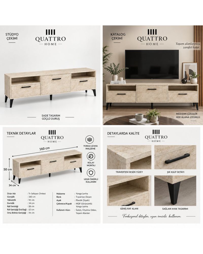 Ekru Traverten Desenli Suntalam TV Sehpası 160x40 cm