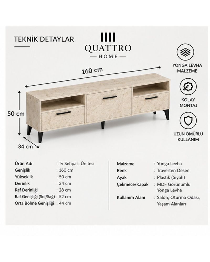Ekru Traverten Desenli Suntalam TV Sehpası 160x40 cm