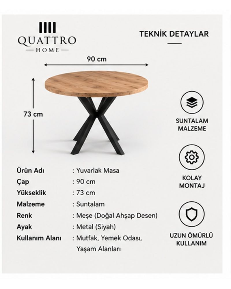 Yuvarlak Mutfak Masası Atlantik Kahverengi 90 cm