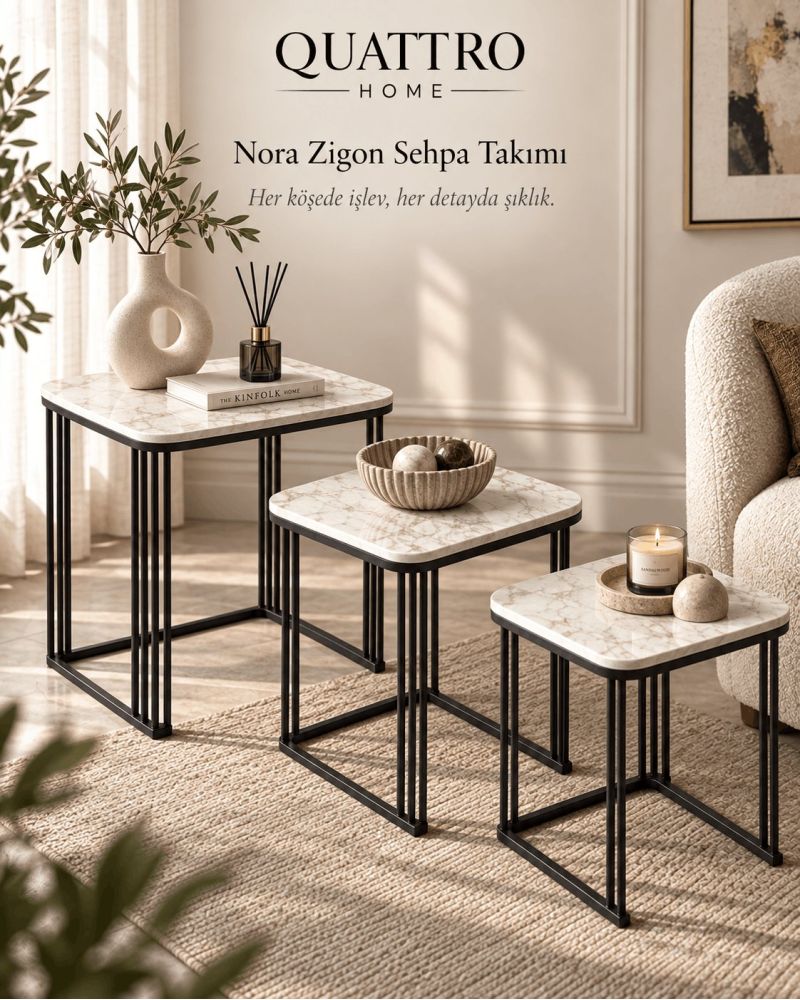 Traverten Bej 3'lü Kare Zigon Sehpa Seti