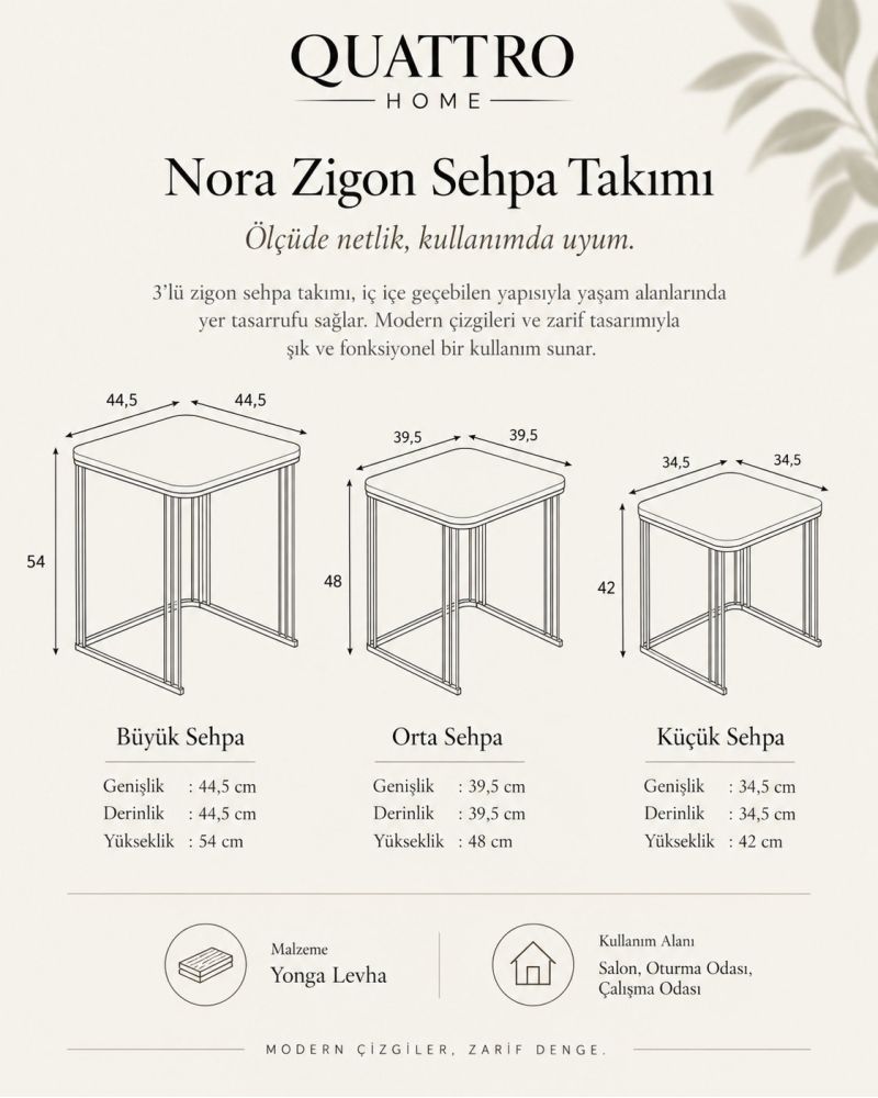 Traverten Bej 3'lü Kare Zigon Sehpa Seti