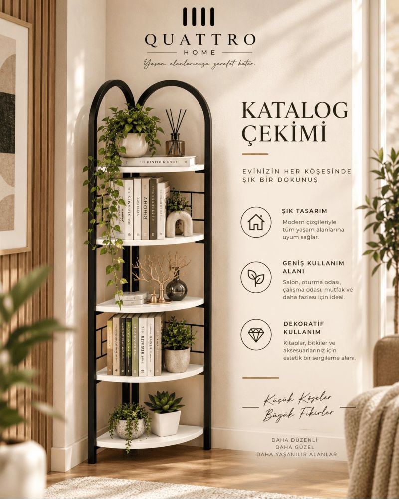 Metal İskeletli 5 Raflı Köşe Kitaplık ve Çiçeklik - Beyaz