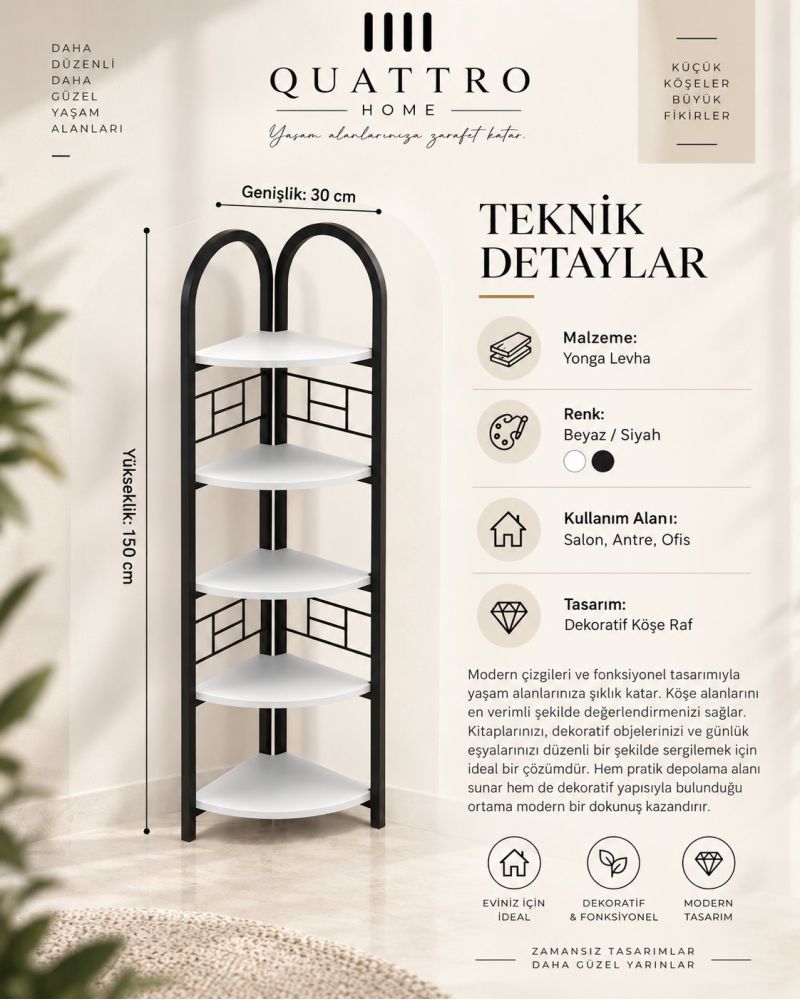 Metal İskeletli 5 Raflı Köşe Kitaplık ve Çiçeklik - Beyaz