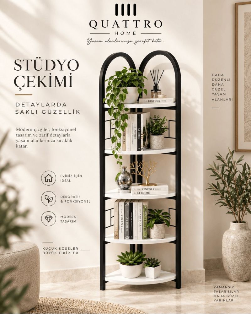Metal İskeletli 5 Raflı Köşe Kitaplık ve Çiçeklik - Beyaz