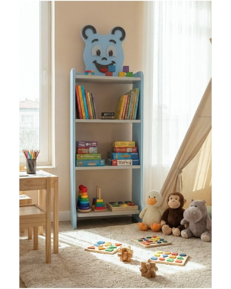 Happy Face Figürlü Çocuk Kitaplığı ve Oyuncak Düzenleyici - Mavi