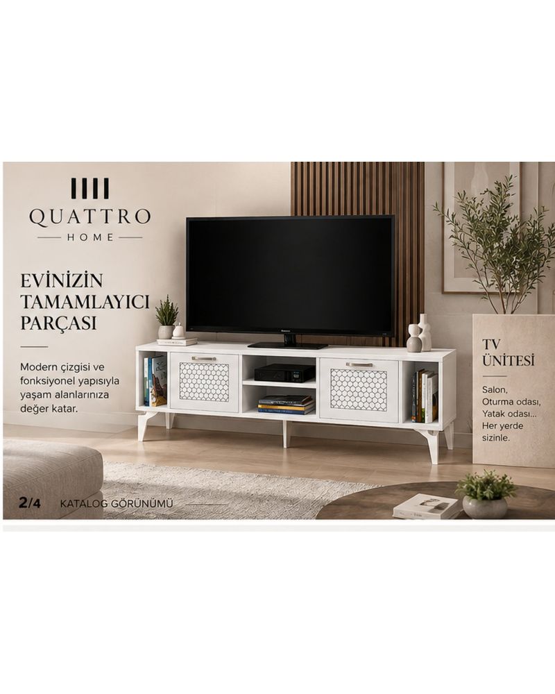 Beyaz Gümüş Detaylı TV Sehpası