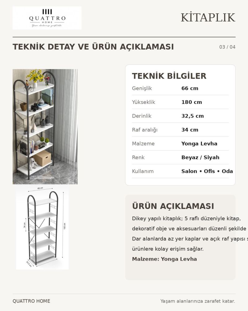 Metal İskeletli 5 Raflı Çok Amaçlı Kitaplık - Beyaz