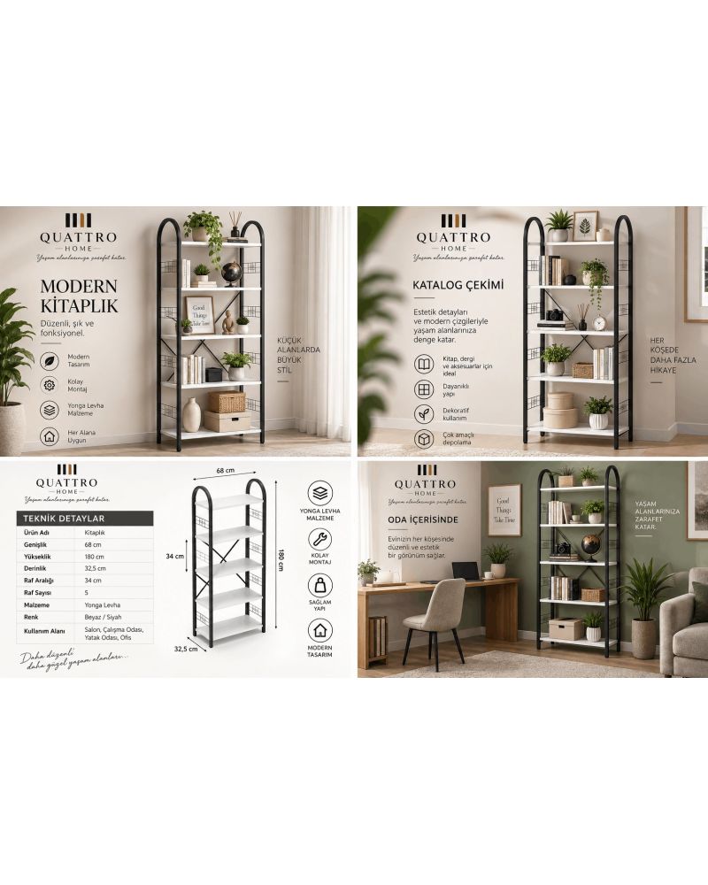 Metal İskeletli 5 Raflı Çok Amaçlı Kitaplık - Beyaz