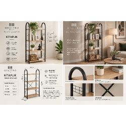 Metal İskeletli 4 Raflı Kitaplık - Kahverengi 150 cm