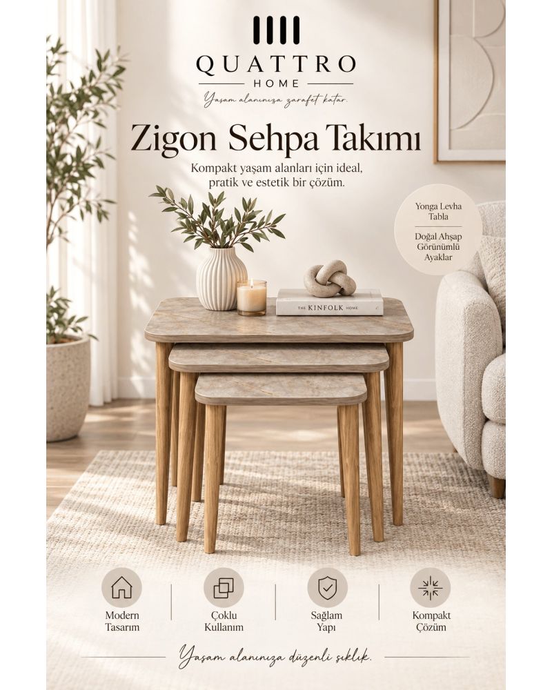 Torna Ayaklı Çok Renkli 3'lü Zigon Sehpa Seti