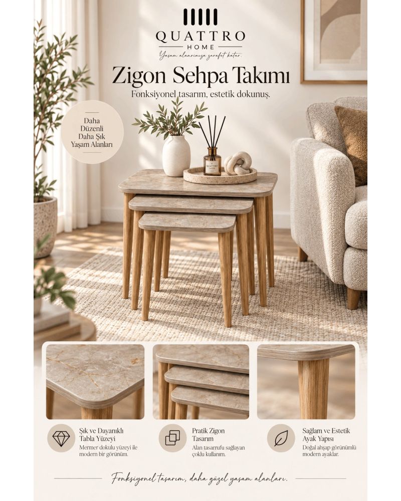 Torna Ayaklı Çok Renkli 3'lü Zigon Sehpa Seti