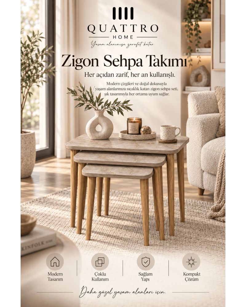 Torna Ayaklı Çok Renkli 3'lü Zigon Sehpa Seti