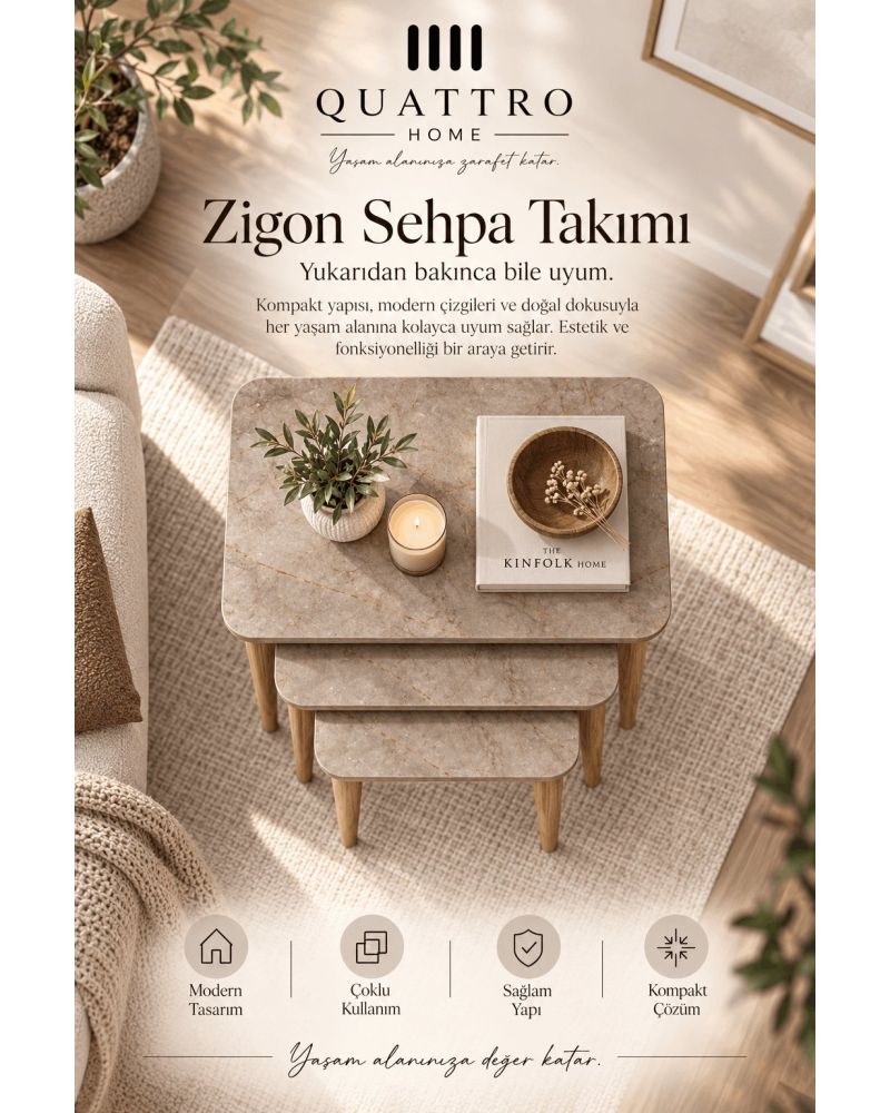 Torna Ayaklı Çok Renkli 3'lü Zigon Sehpa Seti