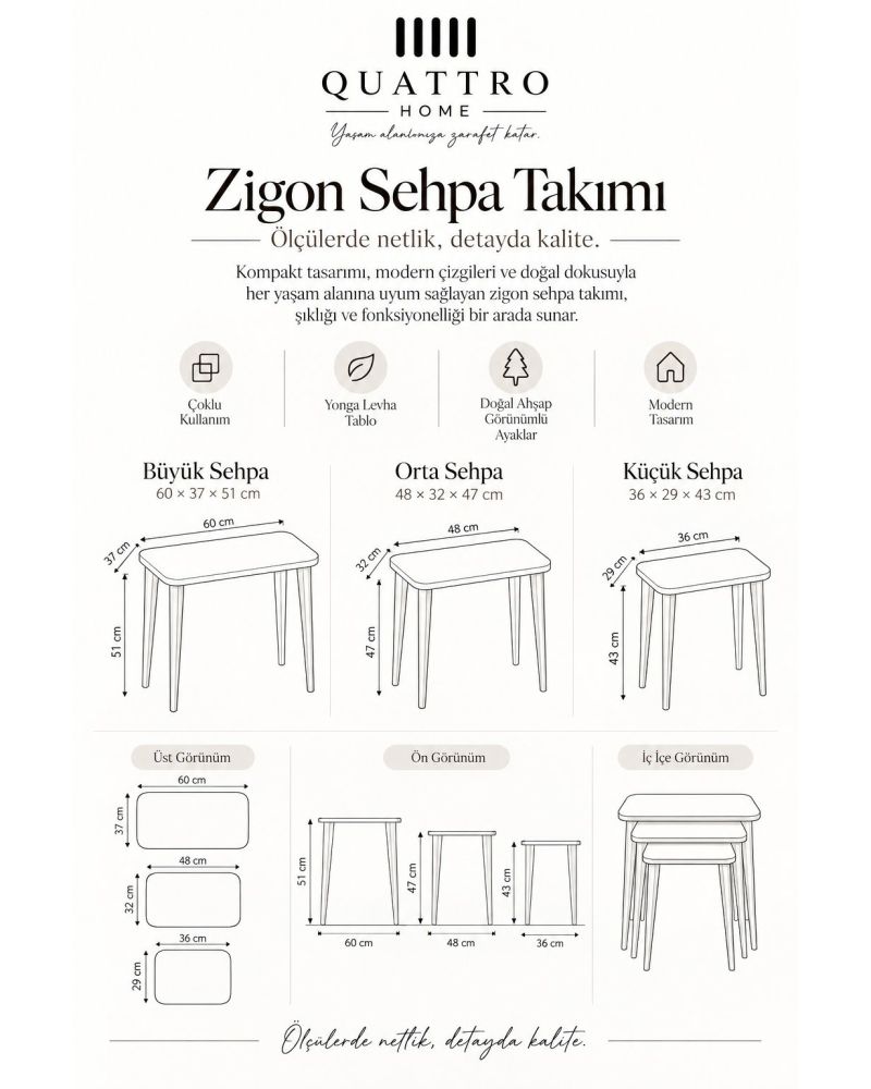 Torna Ayaklı Çok Renkli 3'lü Zigon Sehpa Seti