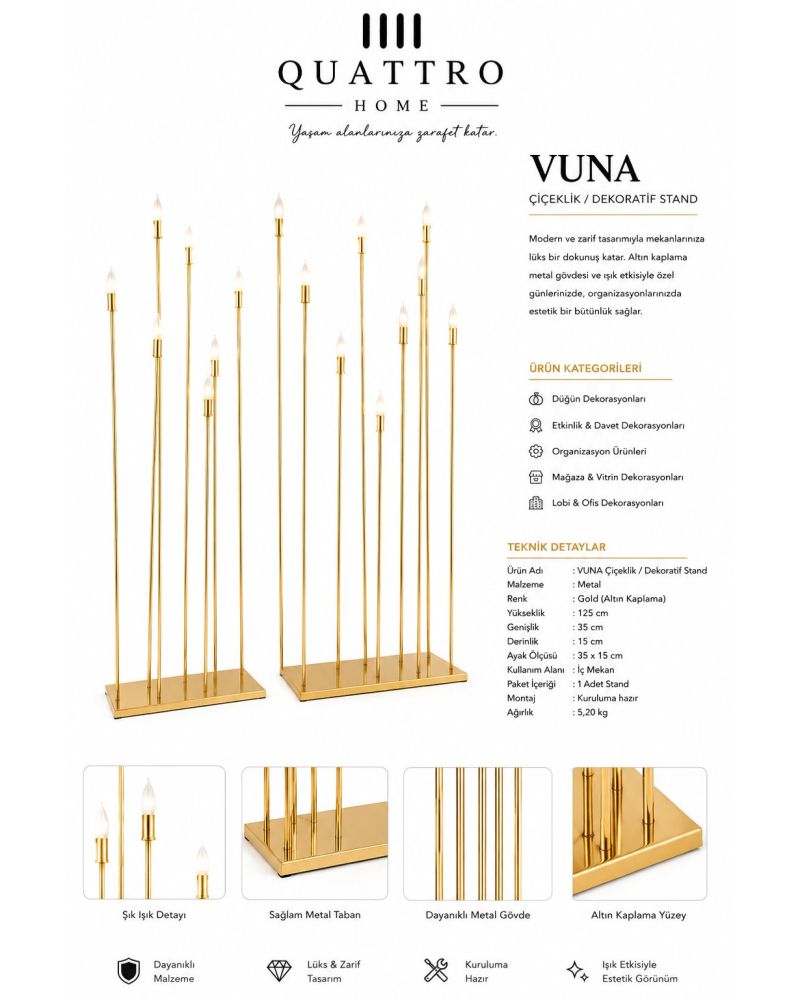 Quattro Home Vuna 11’li Kademeli Mızrak Şamdan Gold Dekoratif Stand