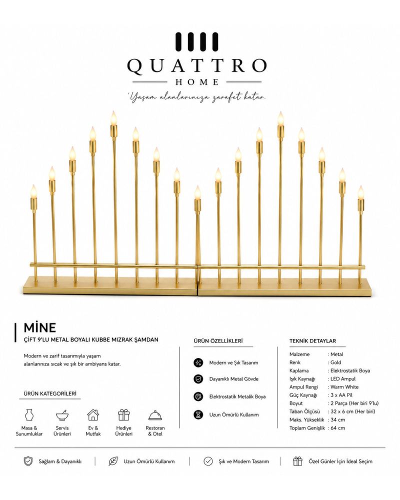Quattro Home Mine Çift 9’lu Kademeli Mızrak Şamdan Gold