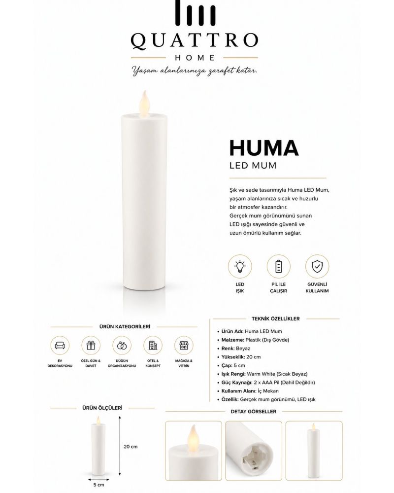 Quattro Home Huma LED Pilli Batom Mum 20 cm Sıcak Beyaz Işık