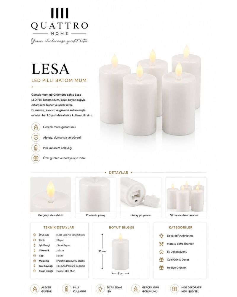 Quattro Home Lesa LED Pilli Batom Mum 5’li Set Sıcak Beyaz Işık