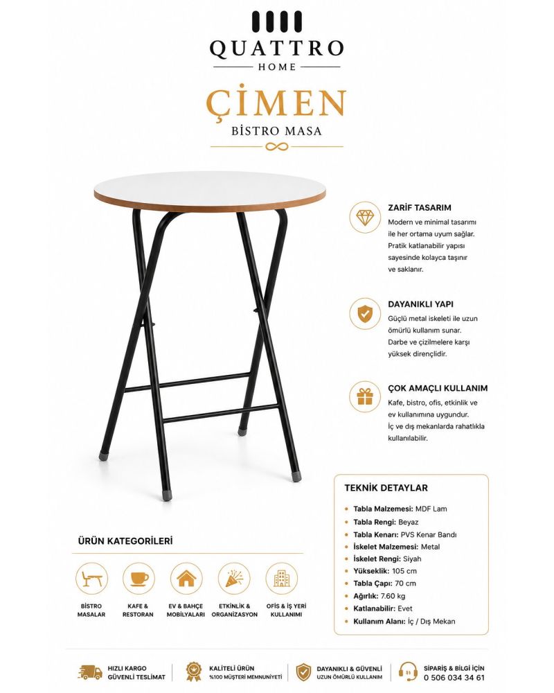 Quattro Home Çimen Bistro Masa Katlanabilir Yuvarlak Beyaz Masa 70 cm