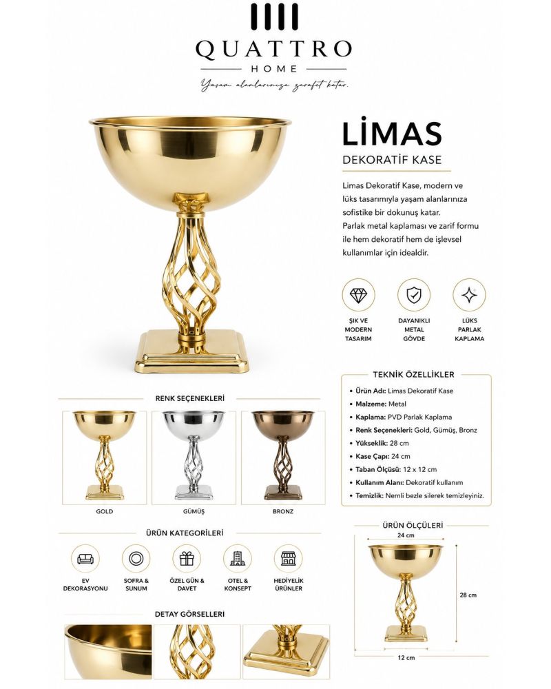 Limas Dekoratif Metal Kase – Ayaklı Sunum ve Dekorasyon Kasesi