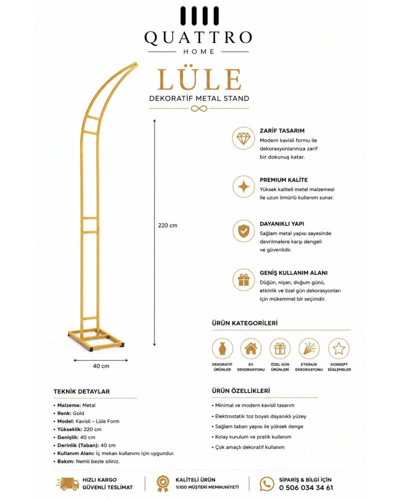 Lüle Dekoratif Metal Stand Gold Kavisli Organizasyon Standı 220 cm