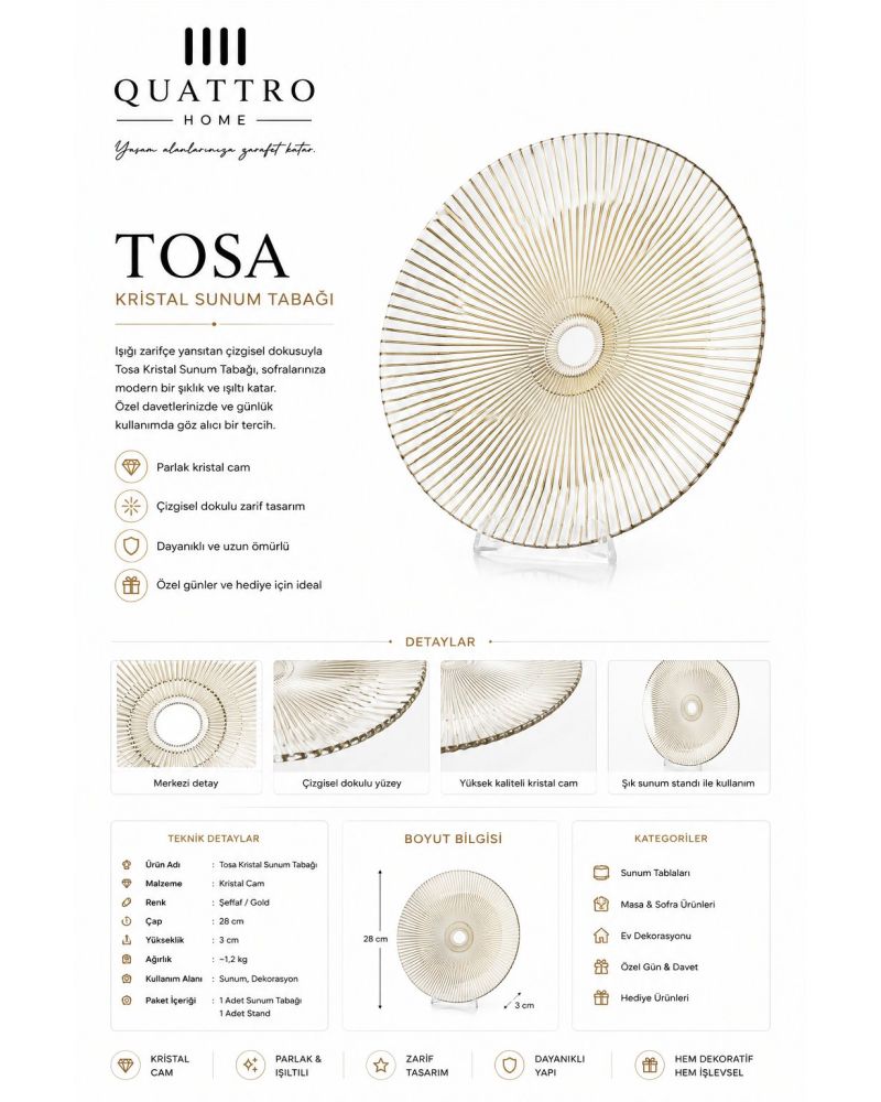 Tosa Kristal Sunum Tabağı – Şeffaf Gold 28 cm