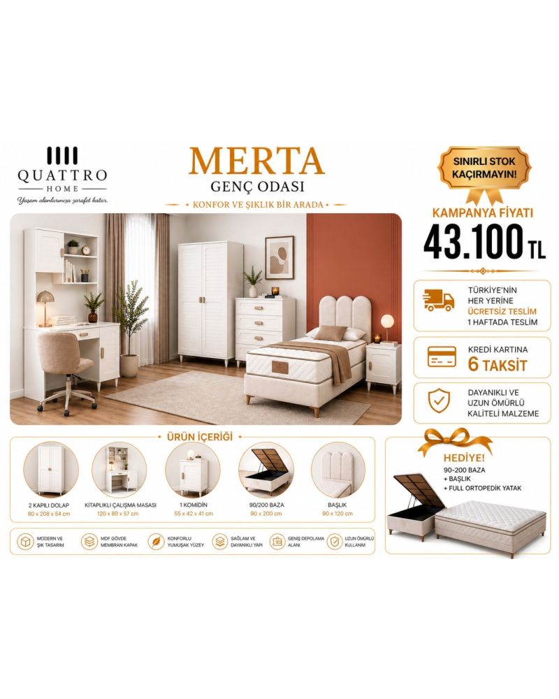 Merta Genç Odası Takımı | Dolap, Kitaplıklı Çalışma Masası, Komodin, Baza, Başlık ve Ortopedik Yatak Dahil