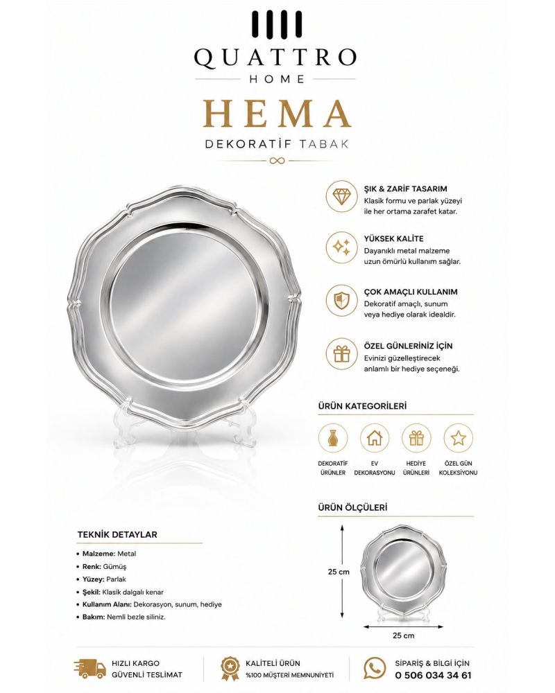 Hema Dekoratif Metal Tabak – Gümüş 25 cm