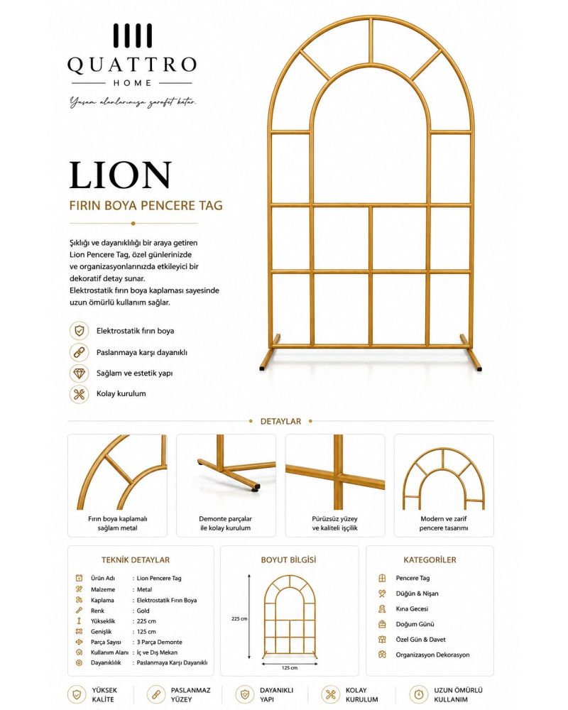 Lion Pencere Tag Gold Metal Organizasyon Arka Fon 225x125 cm
