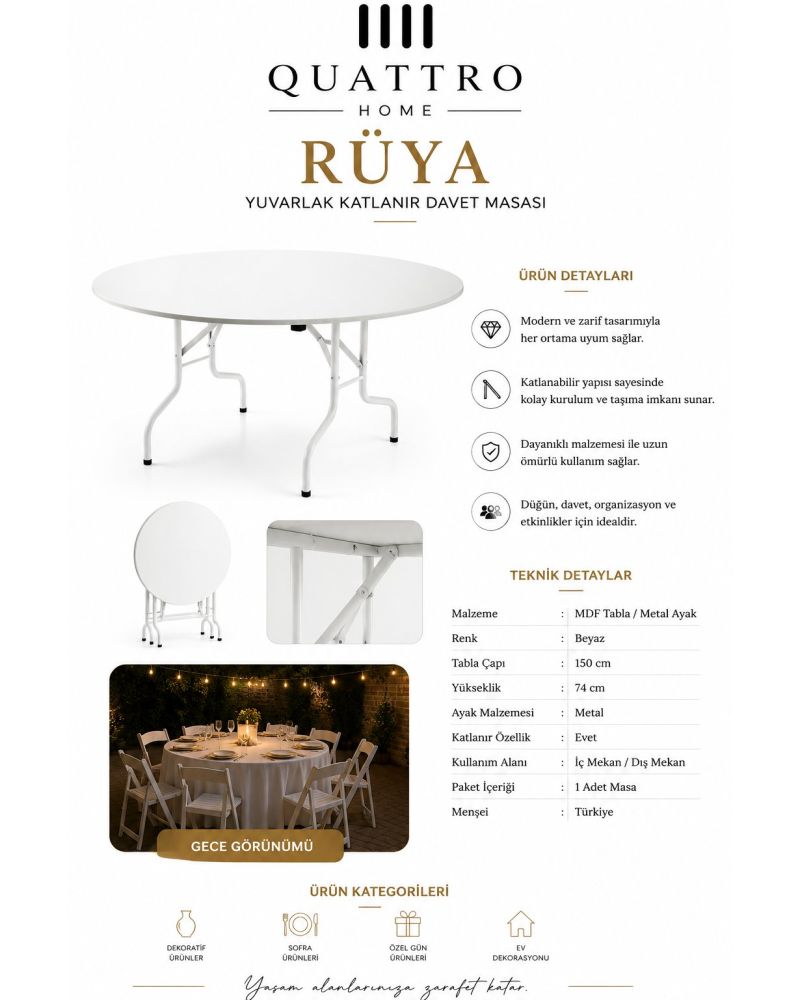 Rüya Yuvarlak Katlanır Davet Masası 150 cm Beyaz MDF Tabla Metal Ayaklı