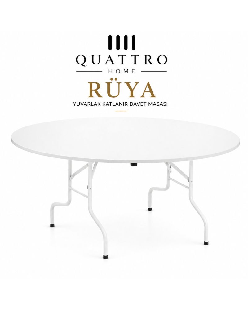 Rüya Yuvarlak Katlanır Davet Masası 150 cm Beyaz MDF Tabla Metal Ayaklı