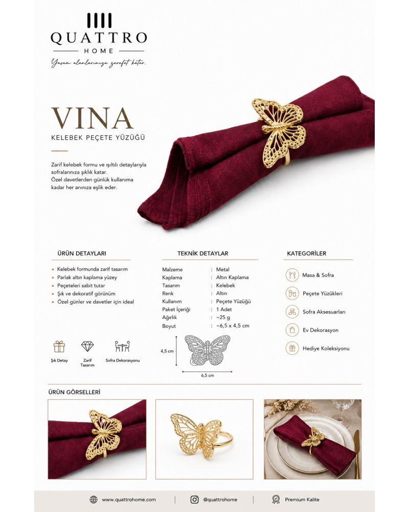 Vina Kelebek Peçete Yüzüğü – Gold Dekoratif Sofra Aksesuarı