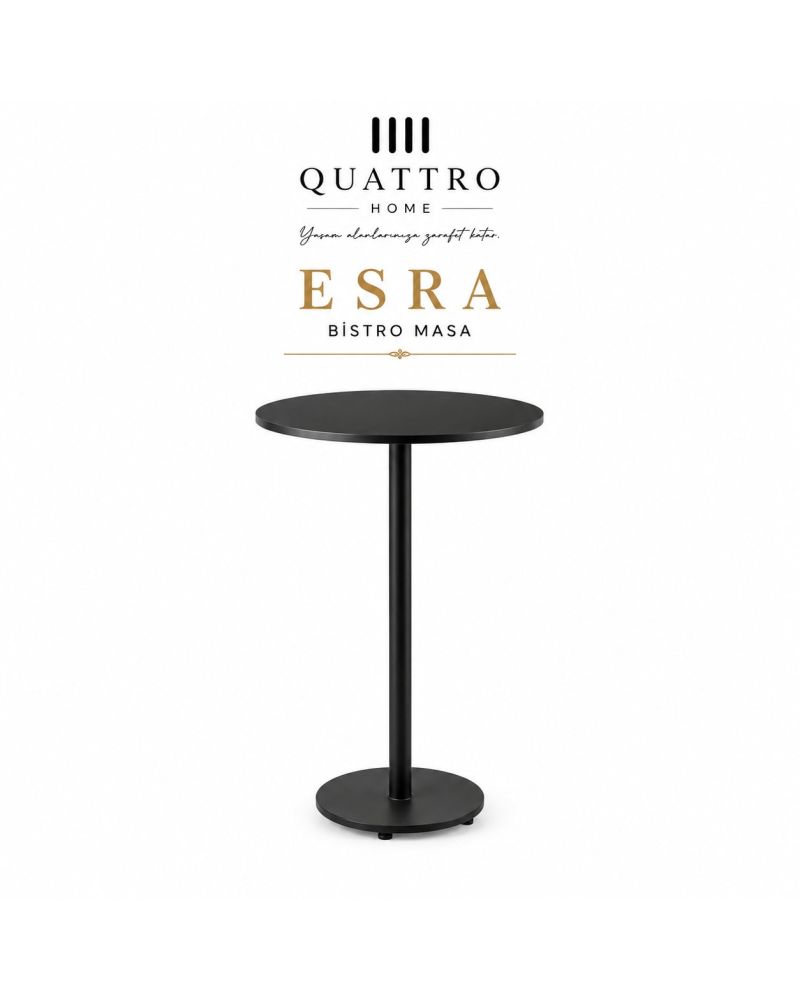 Esra Yuvarlak Bistro Masa 60 cm Siyah MDF Lam Tabla Metal Ayaklı 105 cm