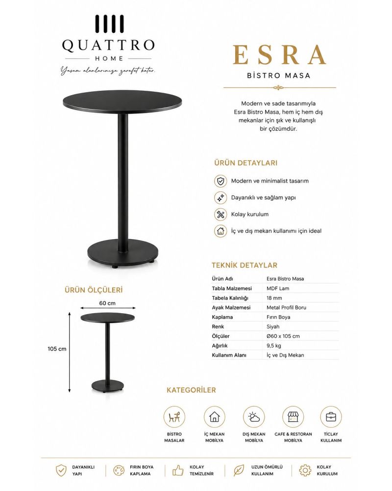 Esra Yuvarlak Bistro Masa 60 cm Siyah MDF Lam Tabla Metal Ayaklı 105 cm