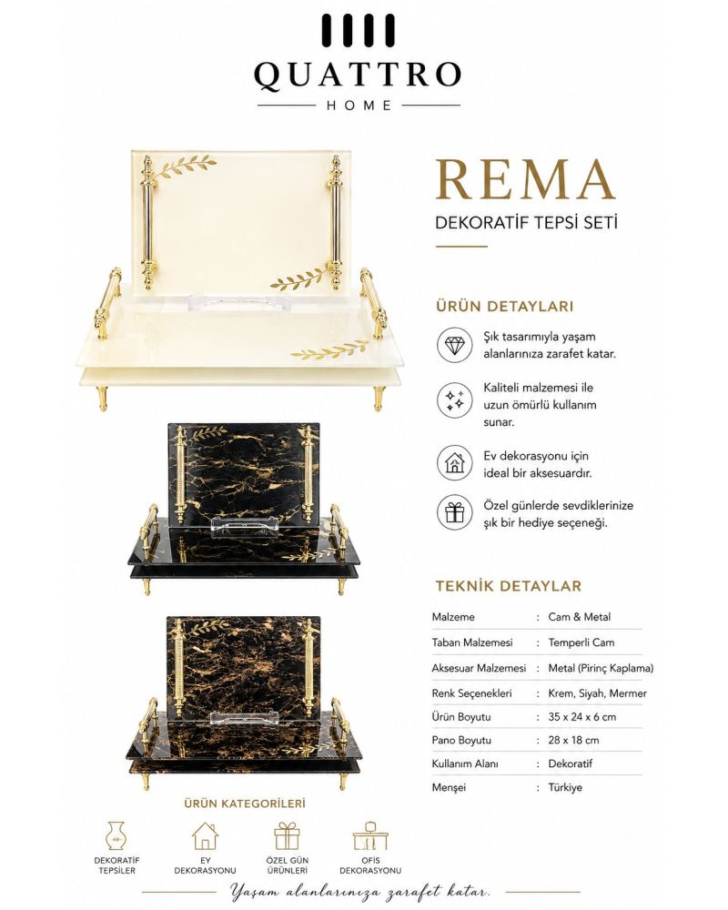 Rema Dekoratif Cam Tepsi Seti – Gold Detaylı İkili Sunum Tepsisi