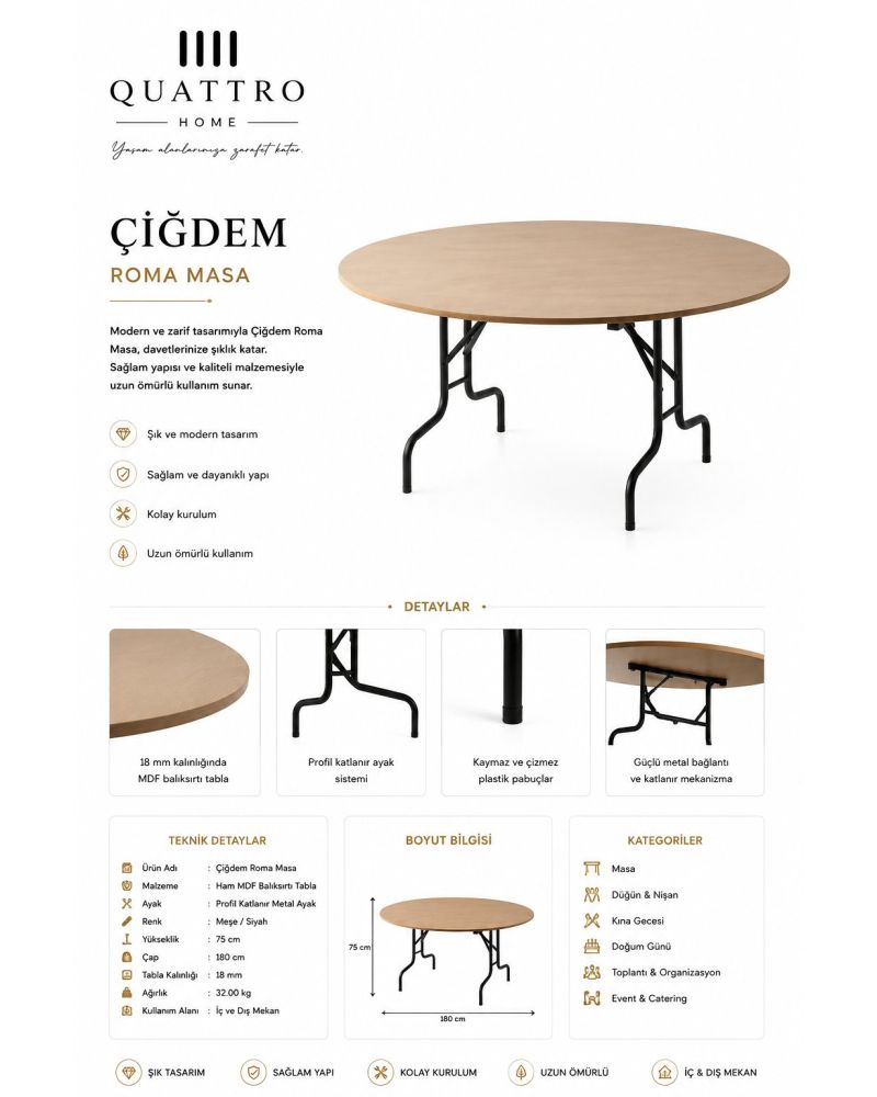 Çiğdem Roma Yuvarlak Katlanır Masa 180 cm Meşe MDF Tabla Siyah Metal Ayaklı