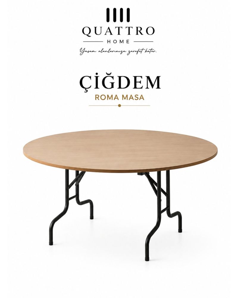 Çiğdem Roma Yuvarlak Katlanır Masa 180 cm Meşe MDF Tabla Siyah Metal Ayaklı