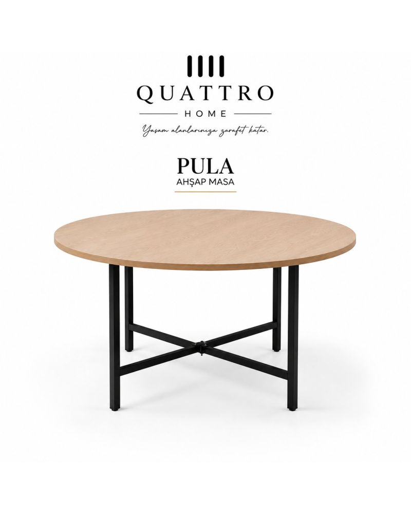 Pula Yuvarlak Ahşap Masa 180 cm Doğal MDF Tabla Siyah Metal Ayaklı