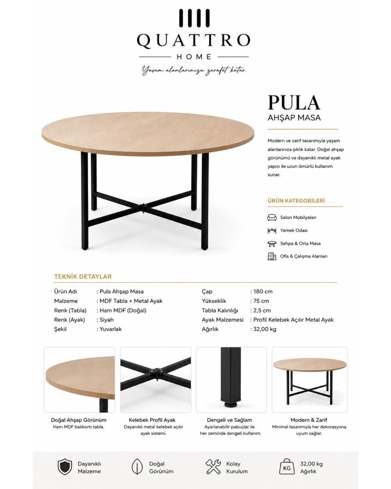 Pula Yuvarlak Ahşap Masa 180 cm Doğal MDF Tabla Siyah Metal Ayaklı