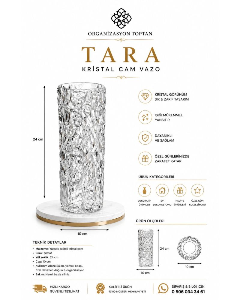 Tara Kristal Cam Vazo Şeffaf Dekoratif Vazo 24 cm